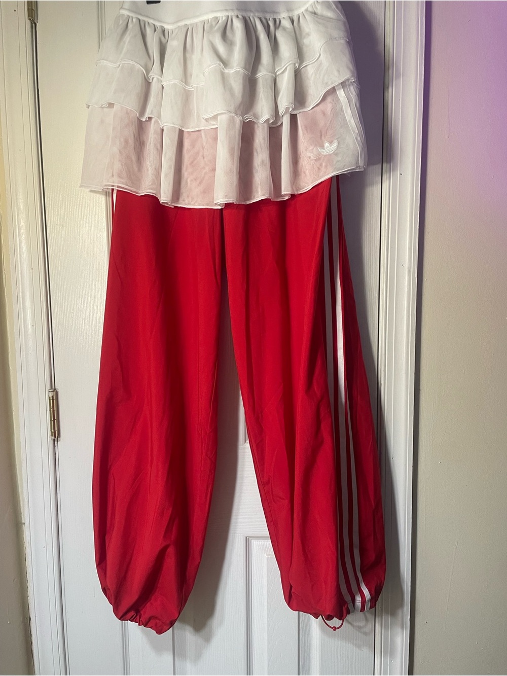 NWT adidas Women’s Red Track Pants with White Ruffle Overlay - Picture 2 of 15